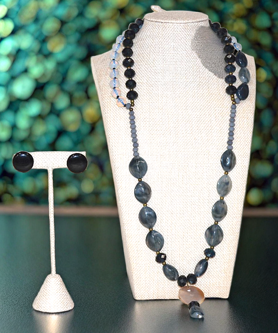Black and Grey Bead Necklace and Earring Set