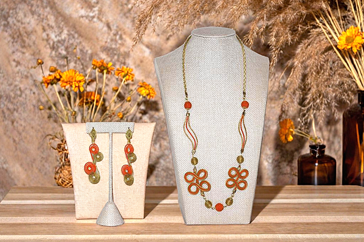 Orange and Golden Color Neklace and Earring