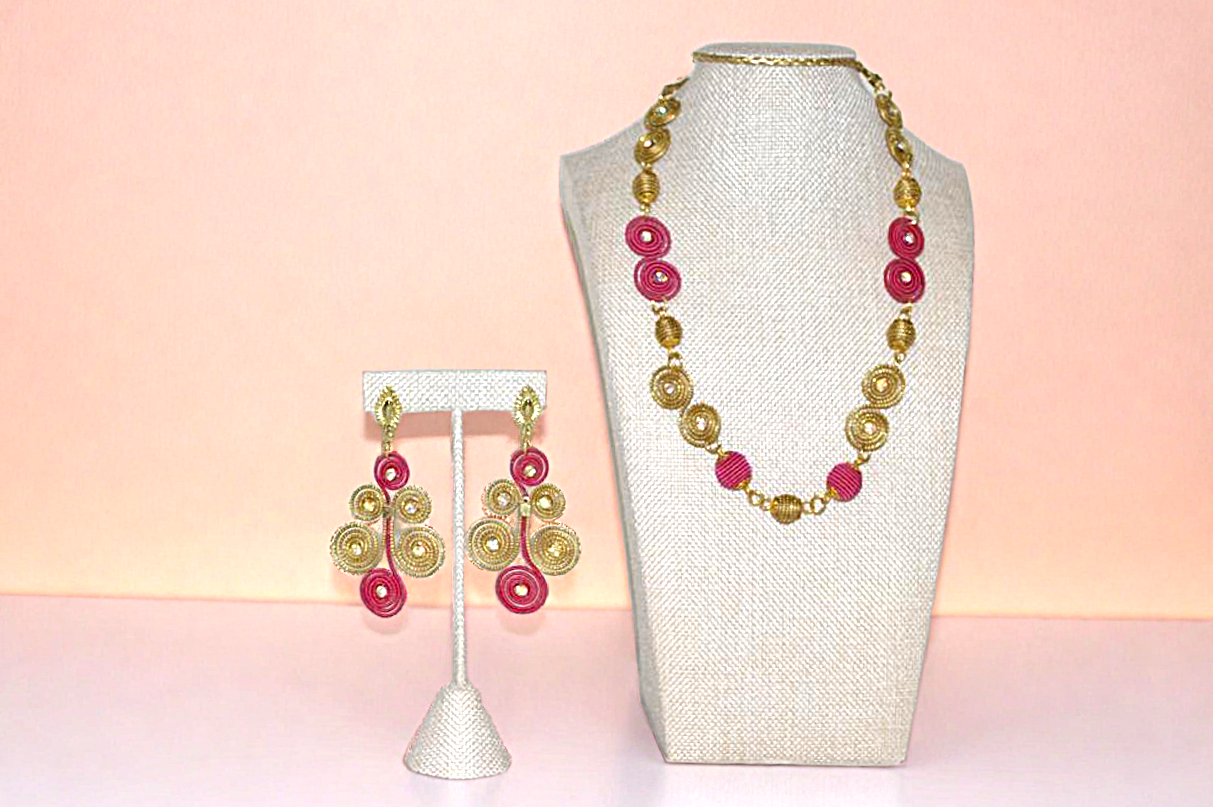 Golden and Pink Color Necklace and Earring