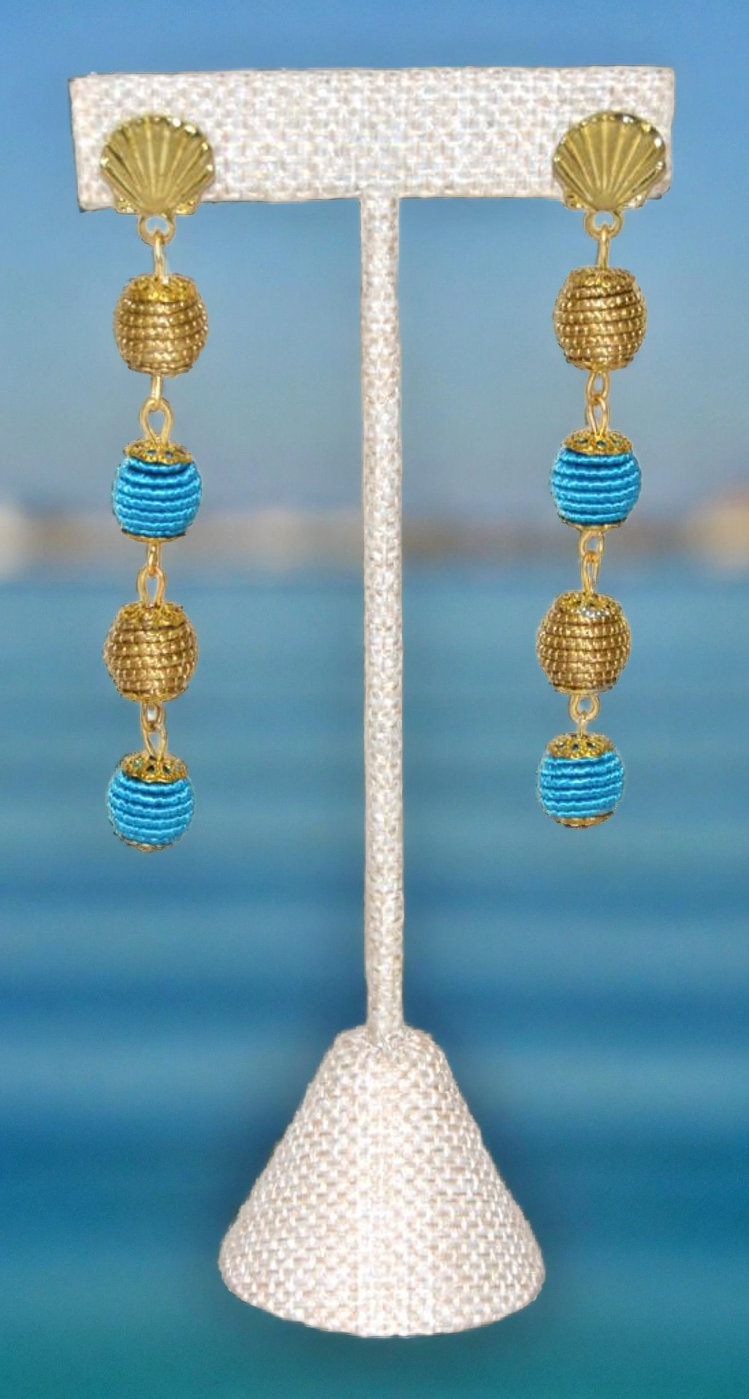 Golden and Blue Beaded Drop Earrings
