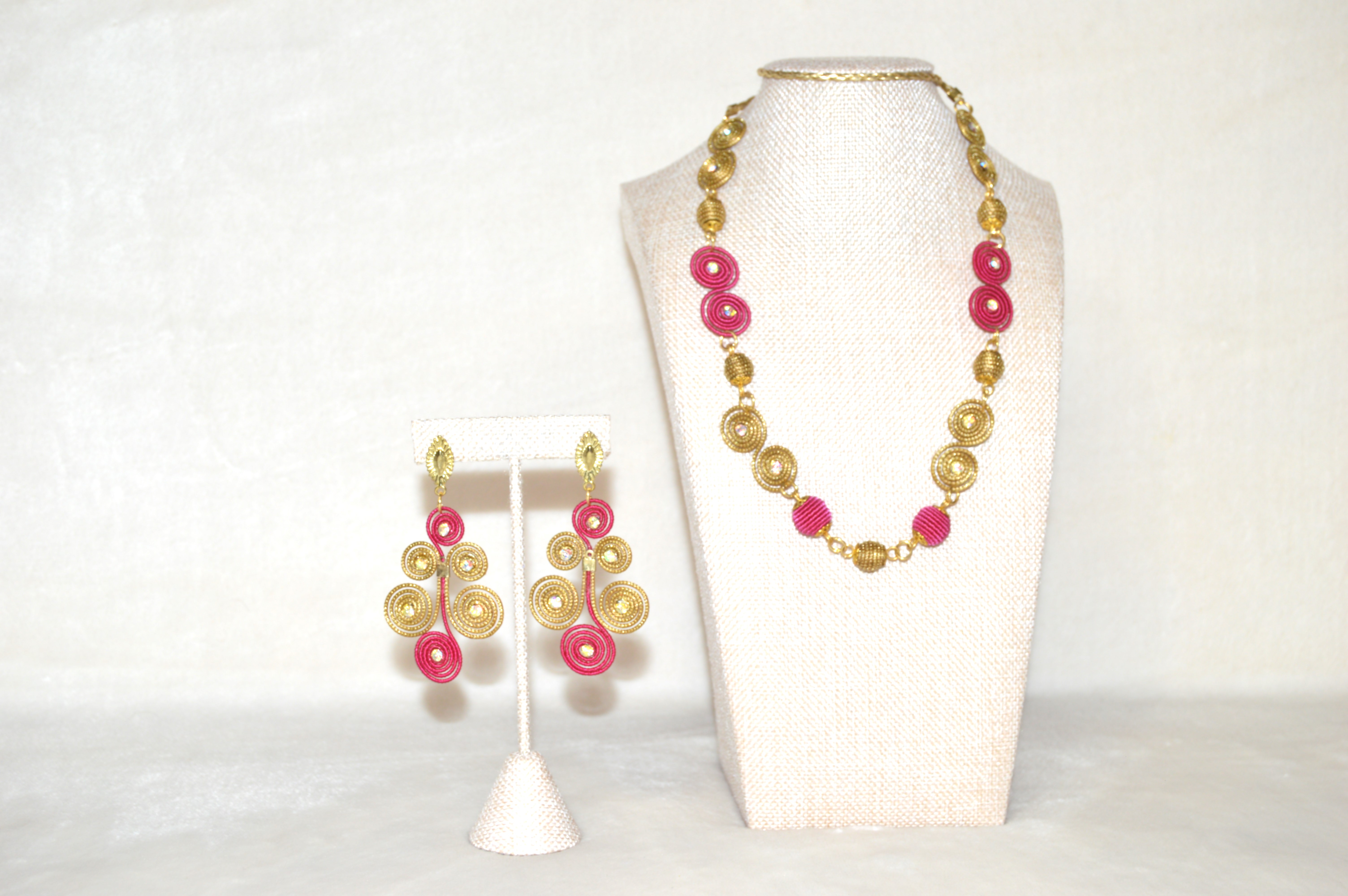 Golden and Pink Color Necklace and Earring 
