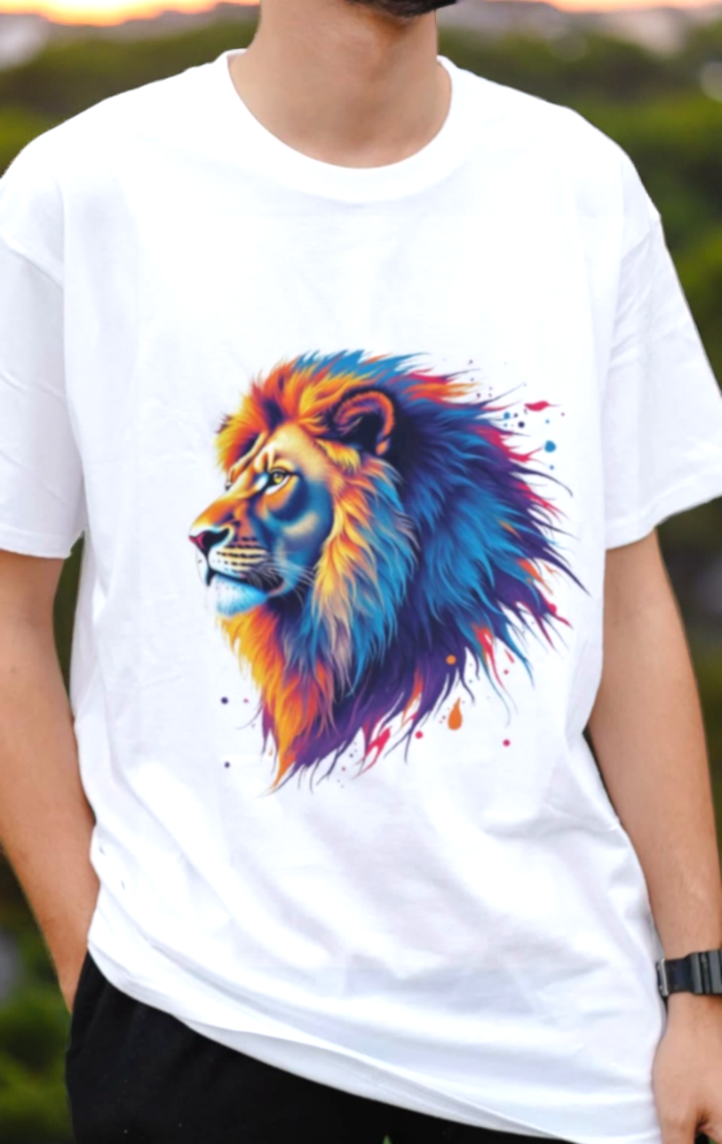 Colorful Lion Head Printed T-Shirt
