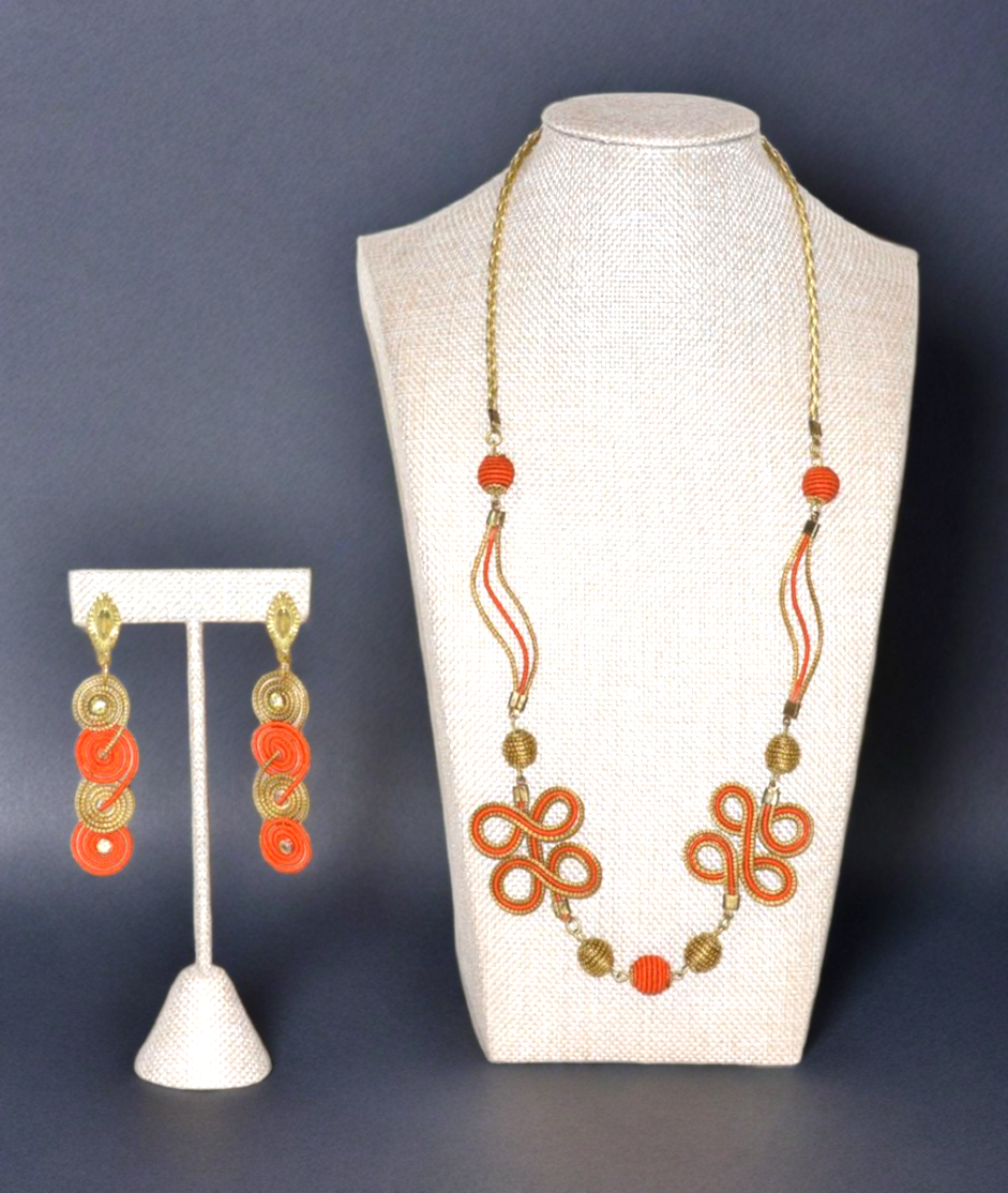 Orange and Golden Elegant Necklace and Earrings