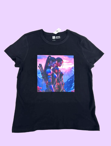 Black tee with futuristic warrior