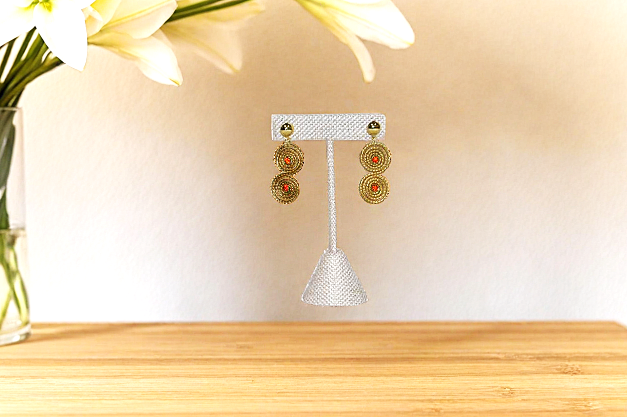 Double Disc Earrings with striking red accents