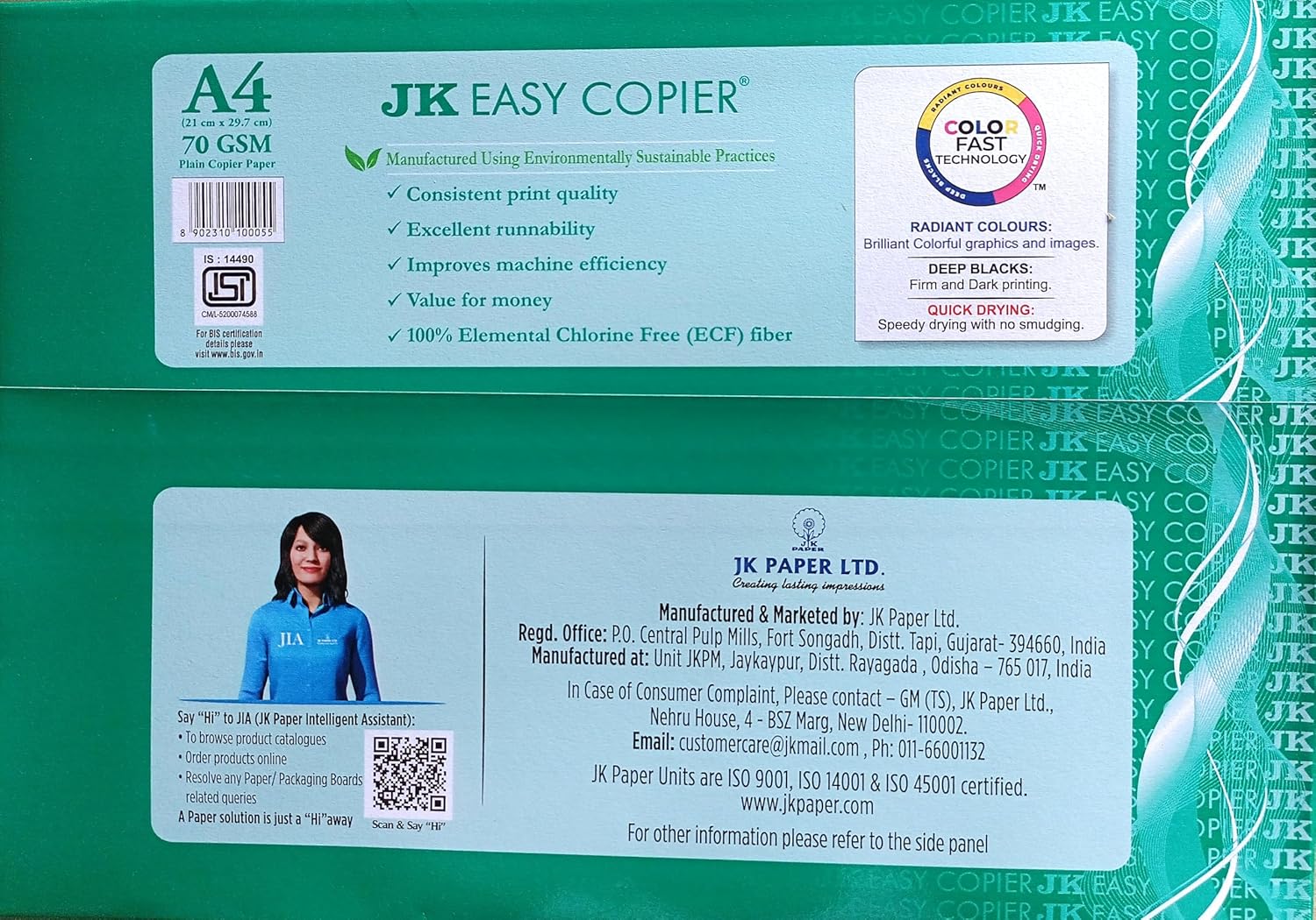 J K Easy WHIte Copier Paper A4 Size (500 Sheets) 70 Gsm 1 Ream