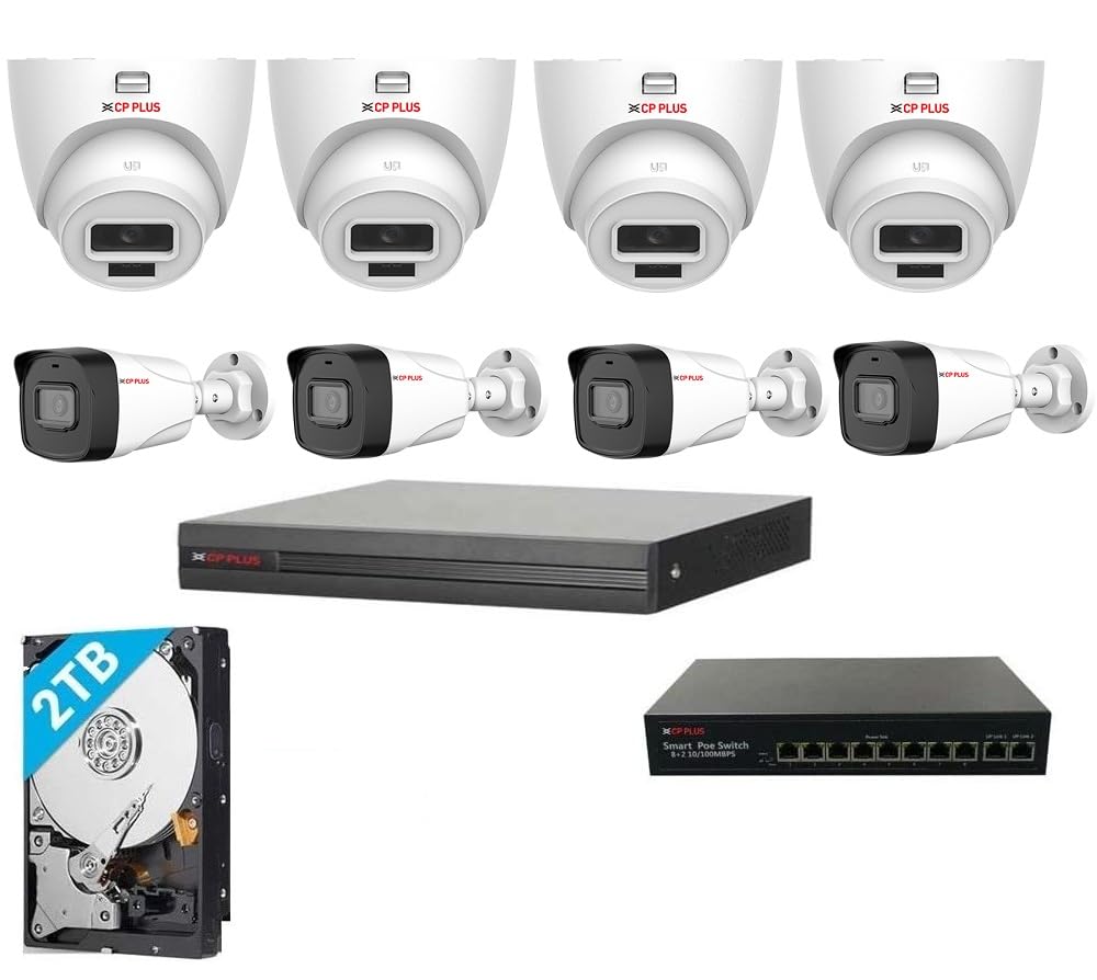 CP Plus 8 Nos 4 MP IP (Network) CCTV Camera Kit with (8 CH NVR,4MP Bullete Outdoor Camera 4Pcs,4MP IP Dome Indoor 4Pcs,2 TB Hard Drive,8+2 Port POE Switch)