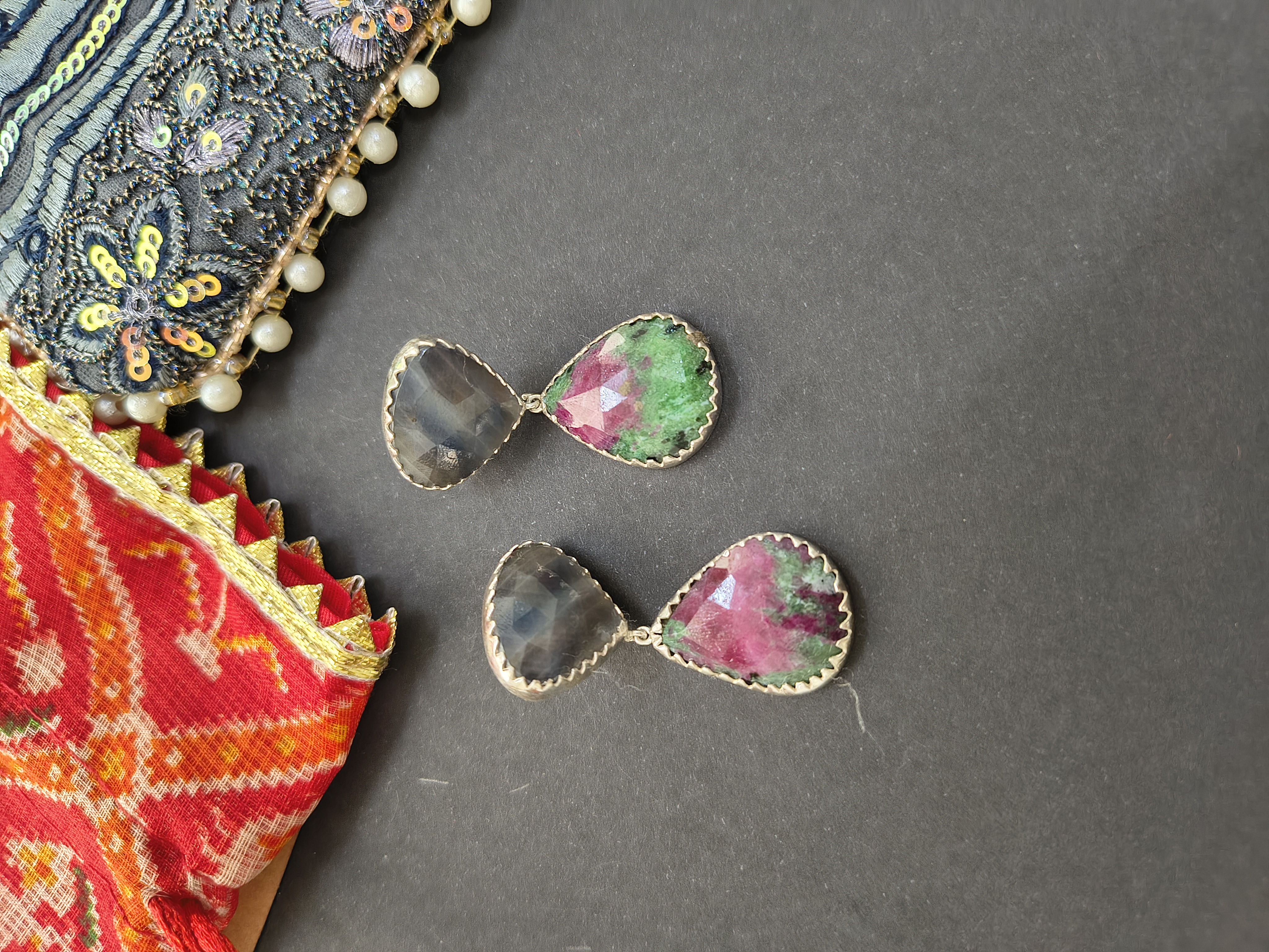 Charcoal pink and green sapphire Earrings
