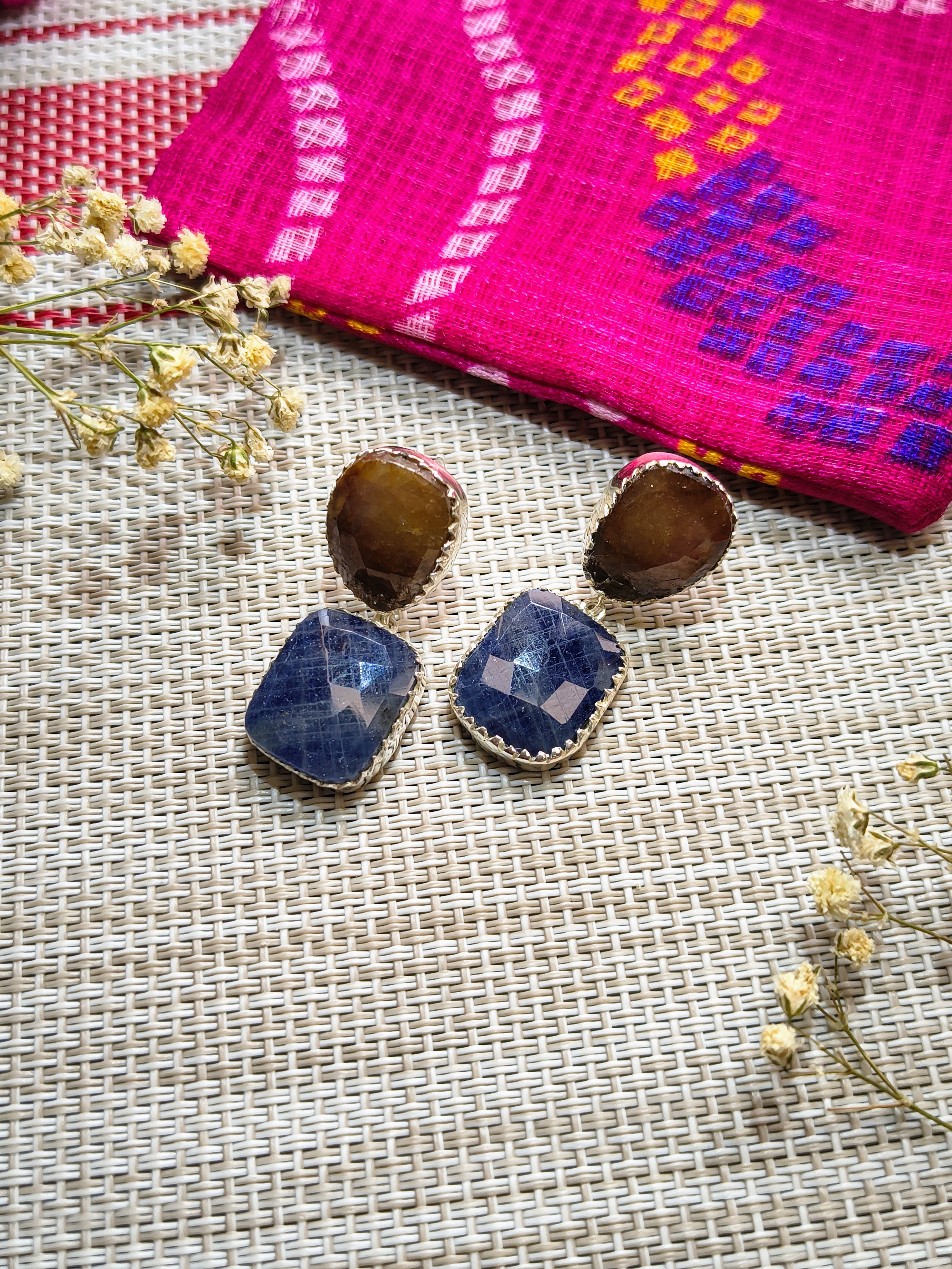 Amber brown with deep navy blue sapphire Earrings