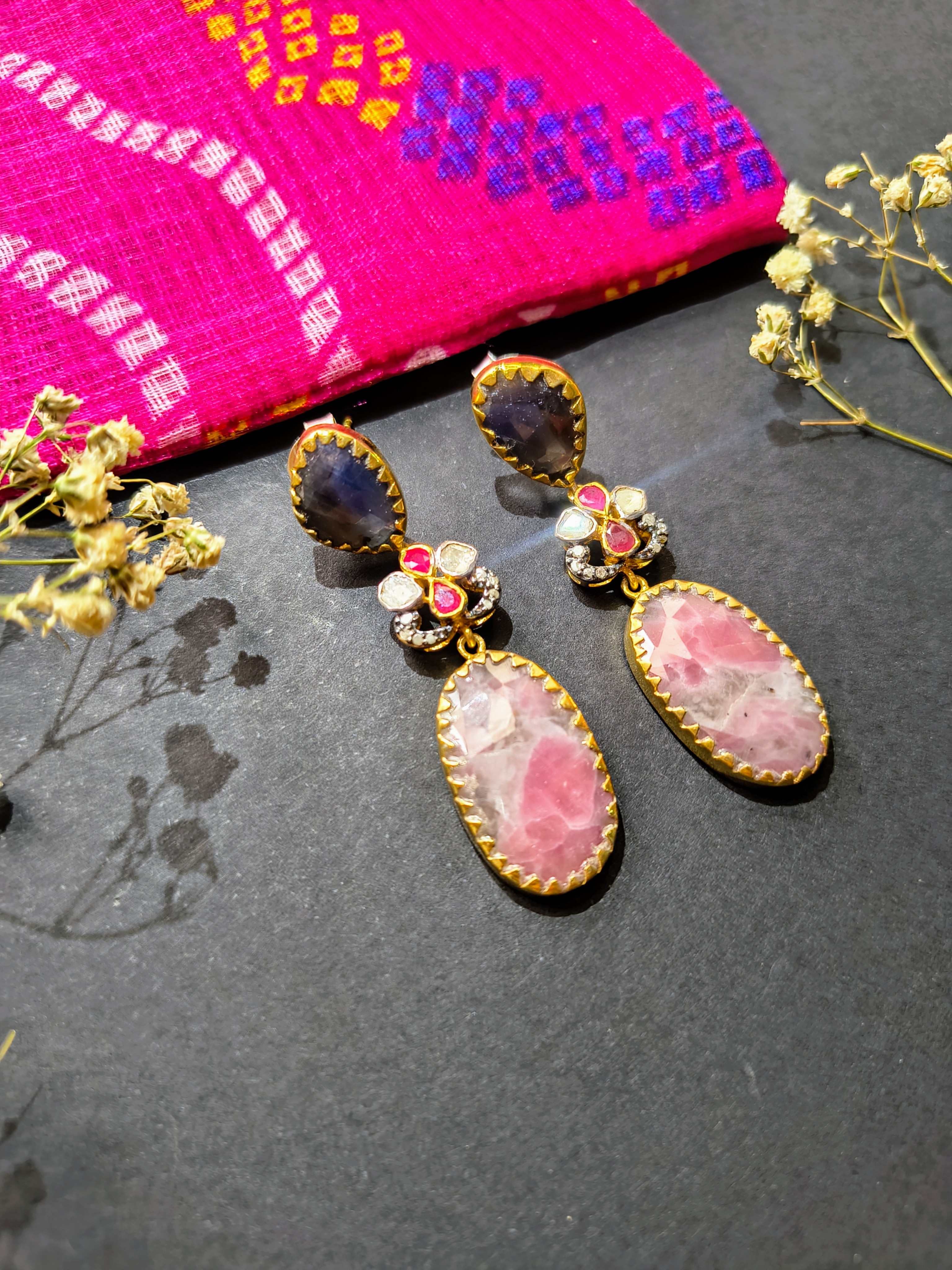 navy blue, pink, white and gold sapphire Earrings