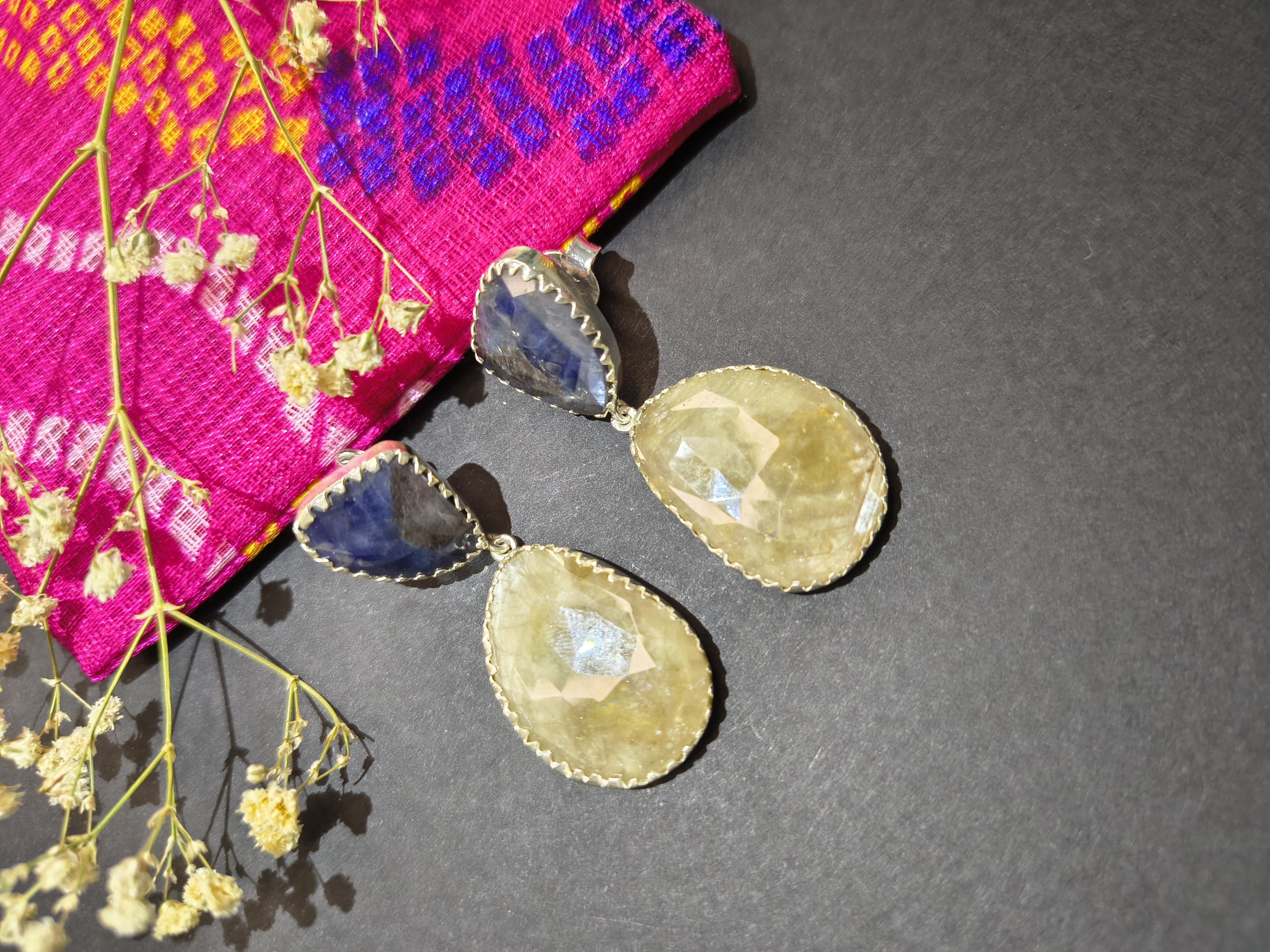 smoky blue and yellow sapphire Earrings