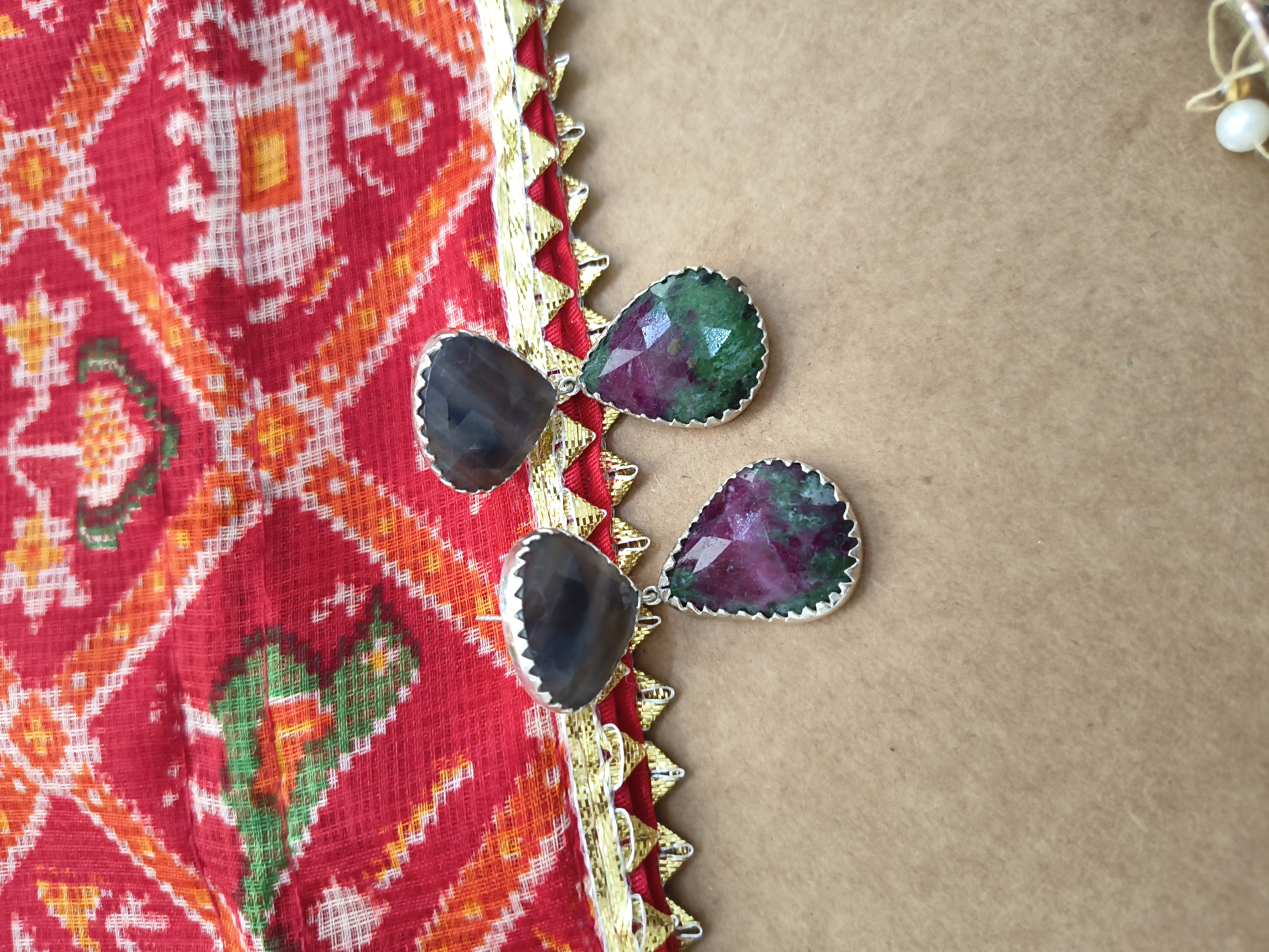 smoky grey magenta emerald sapphire earing