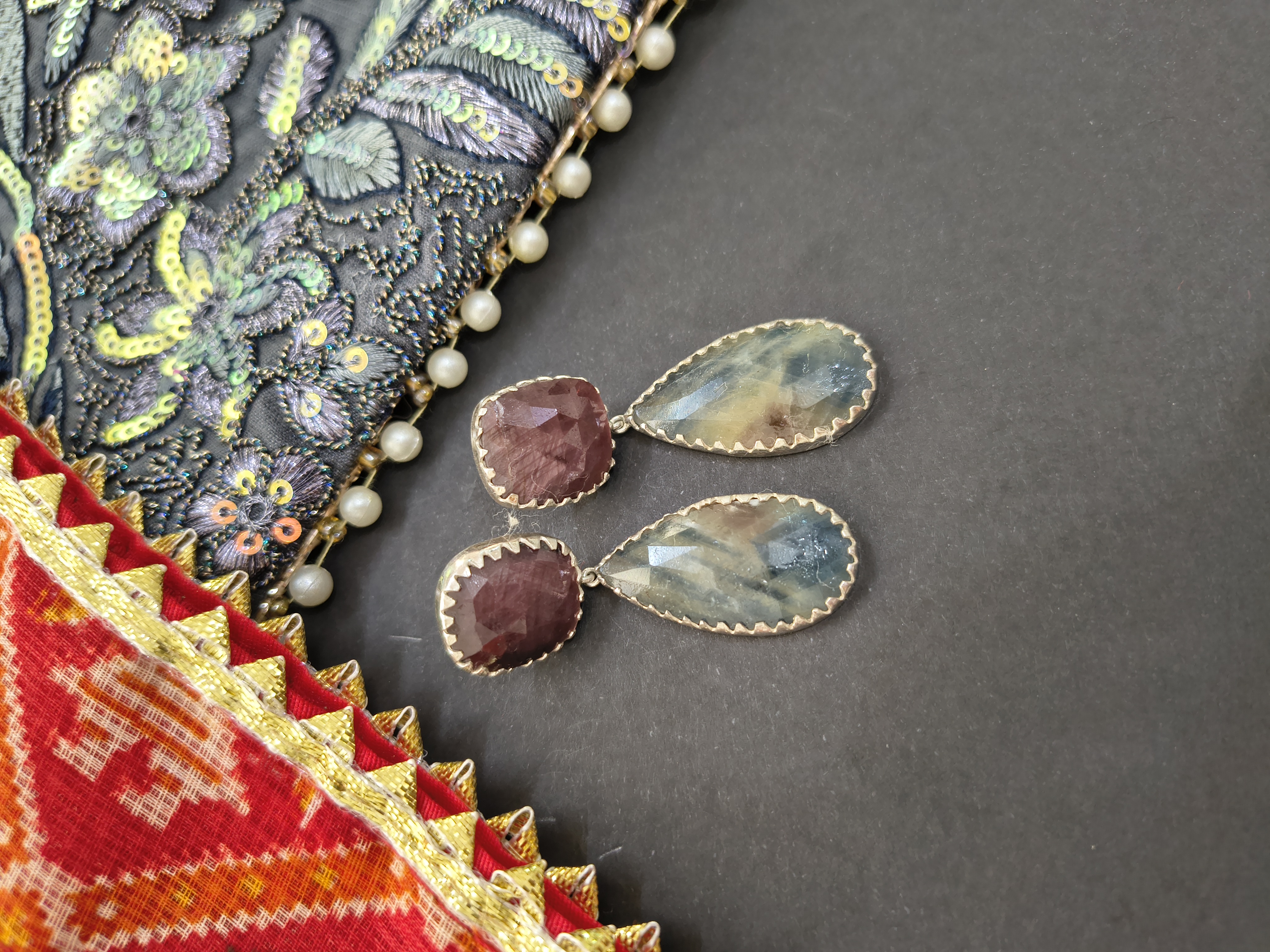 Rusty rose+ Aqua Blue with Beige sapphire Earrings