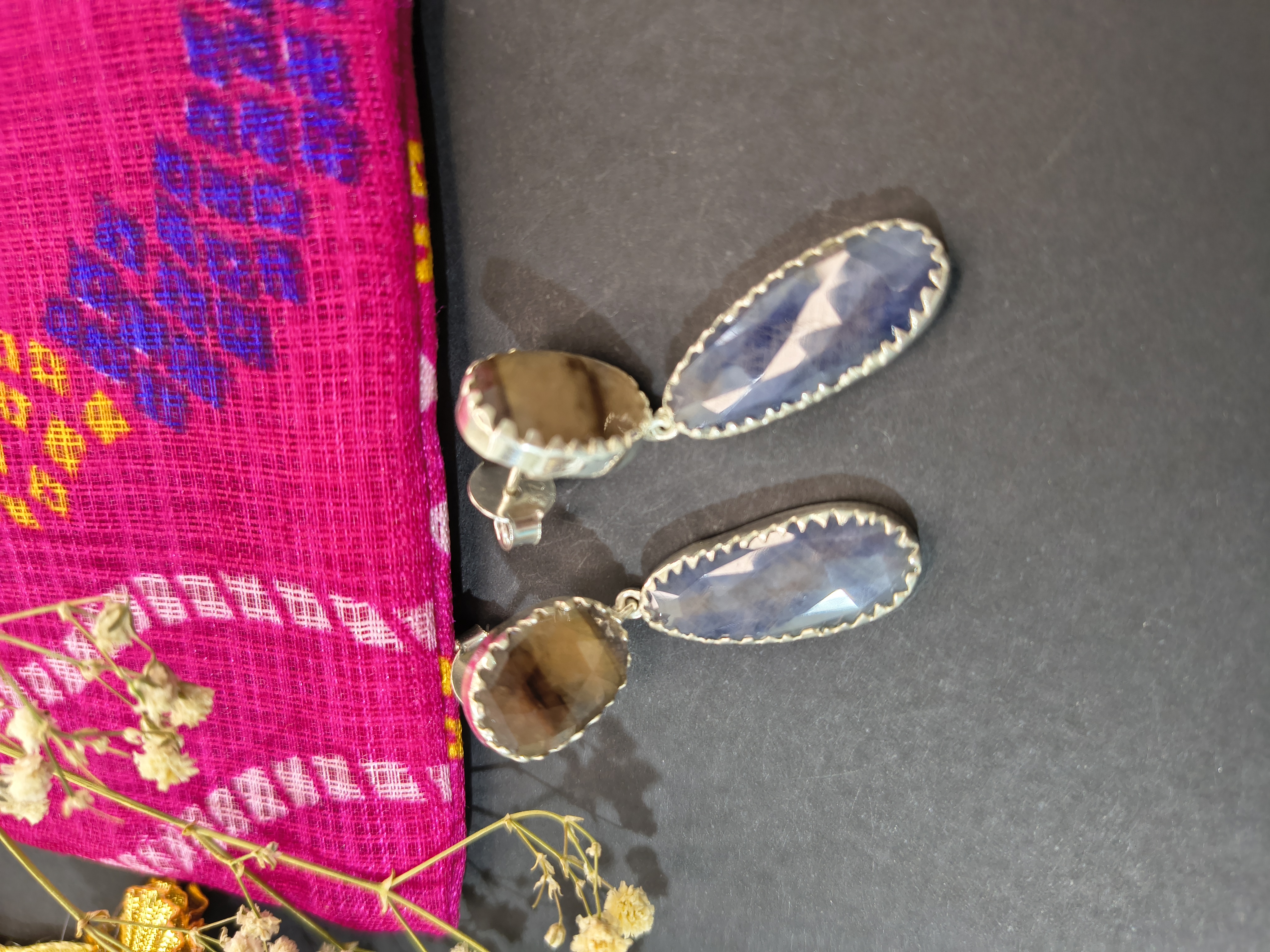 Champagne gold with icy blue shimmer sapphier earrings