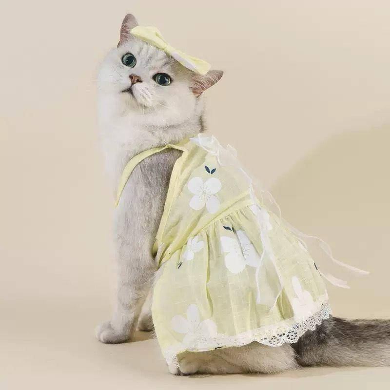 Vestido Premium para Gatos – Amarelo com Flores Brancas | Ukin Pet Club