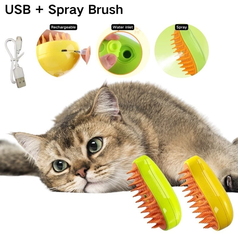 Escova Elétrica 3 Em 1 Vaporizada Para Depilação De Gatos De Pente De Massagem Suave Limpeza De Estimação