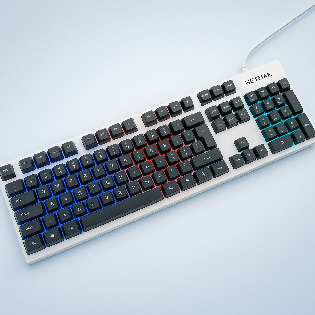 Teclado gamer Netmak NM-Zakro-B – Retroiluminado y con estilo blanco brillante ⚡