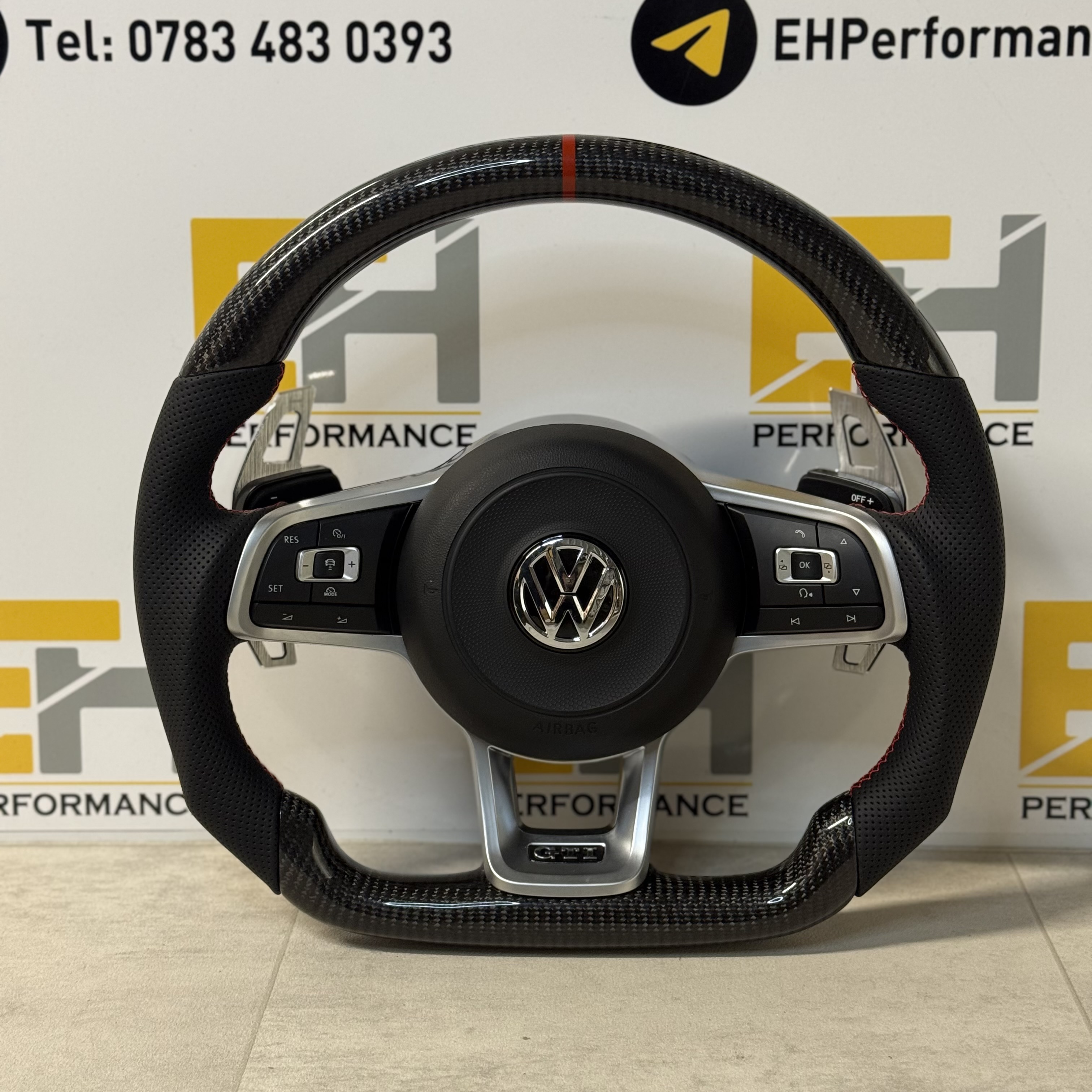 Volkswagen Golf GTI Carbon Fibre Flat Bottom Steering Wheel – Complete With Airbag | EH Performance