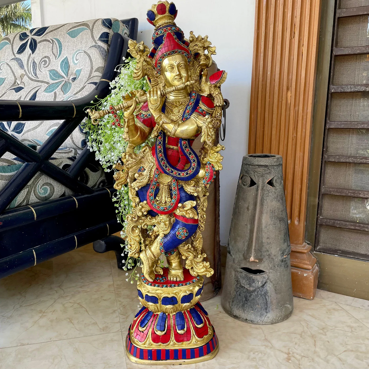 30-Inch Lord Krishna Brass Idol with Stonework – Handcrafted Murti for Home Temple & Decor