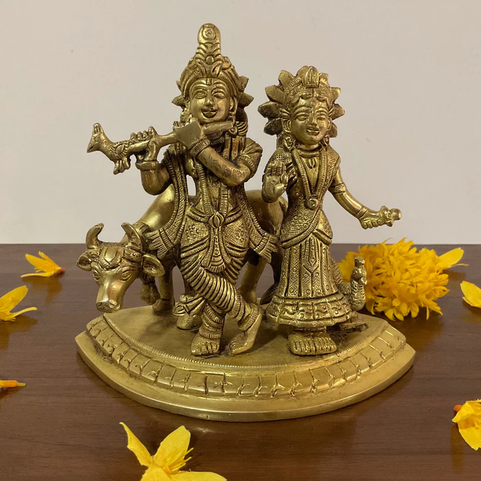 5.5-Inch Radha Krishna with Cow Brass Idol – Handcrafted Pooja Murti & Festive Decor
