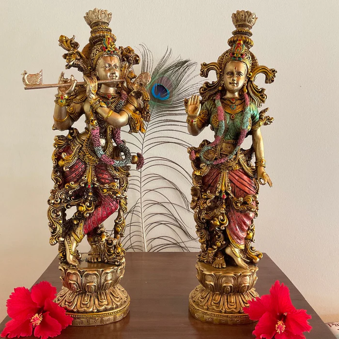 Copper-Finish Radha Krishna Idol in Marble Dust Resin – Handcrafted Decorative Statue for Home & Pooja