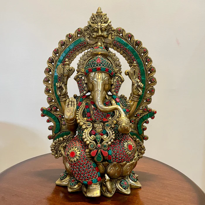 15-Inch Brass Ganesha Idol with Stonework – Handcrafted Ganpati Statue for Home or Housewarming Gift