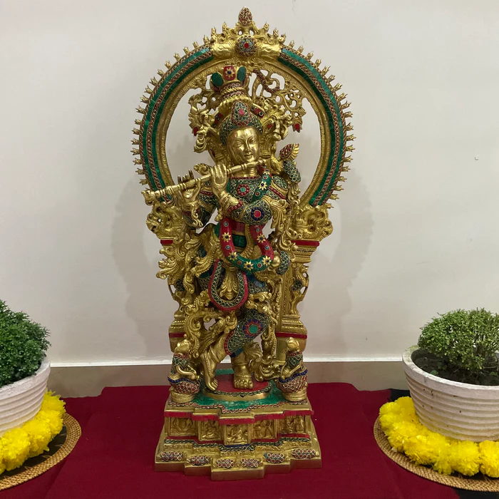 32-Inch Lord Krishna Brass Idol with Stonework – Large Decorative Statue for Temple & Entrance Decor