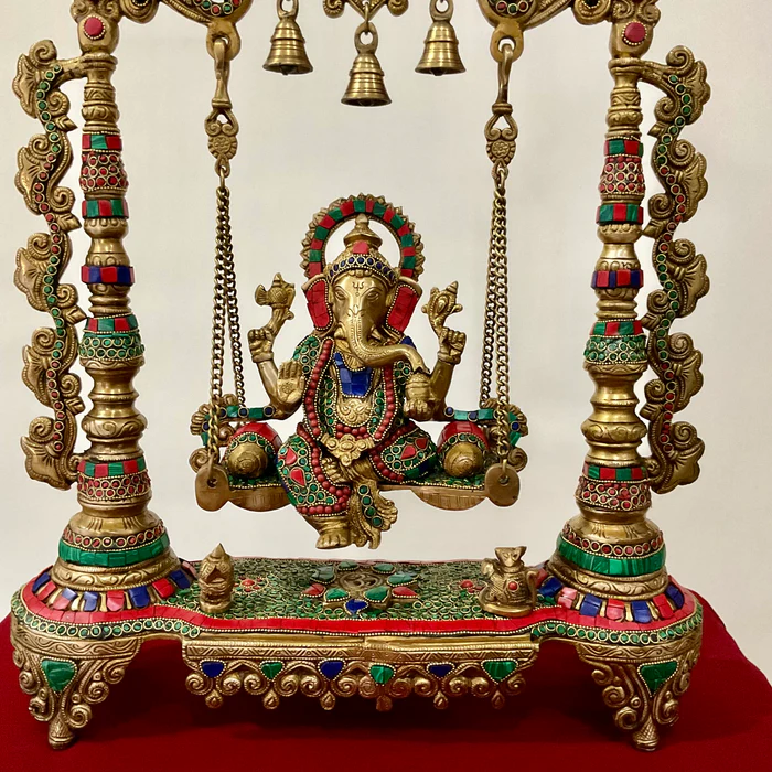 26-Inch Swinging Lord Ganesha Idol in Brass with Stone Inlay