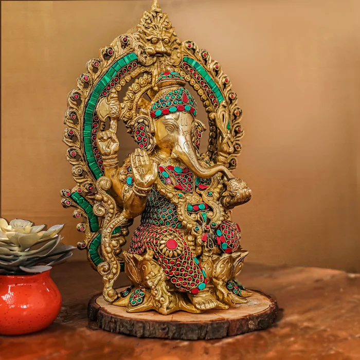 15-Inch Brass Ganesha Idol with Stonework – Handcrafted Ganpati Statue for Home or Housewarming Gift