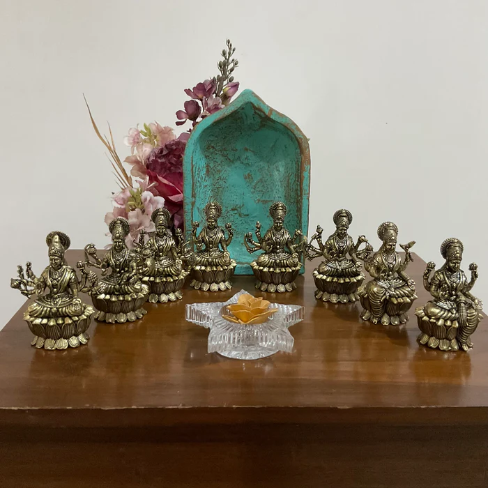 3-Inch Ashta Lakshmi Brass Idol Set – 8 Lightweight Handcrafted Figurines