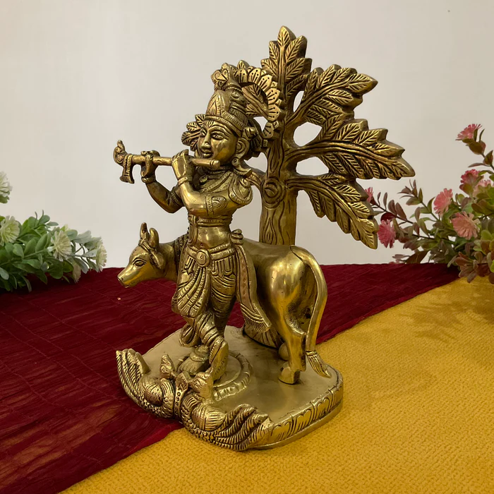 9-Inch Lord Krishna with Cow Brass Idol – Handcrafted Gokul Statue for Home & Temple Decor