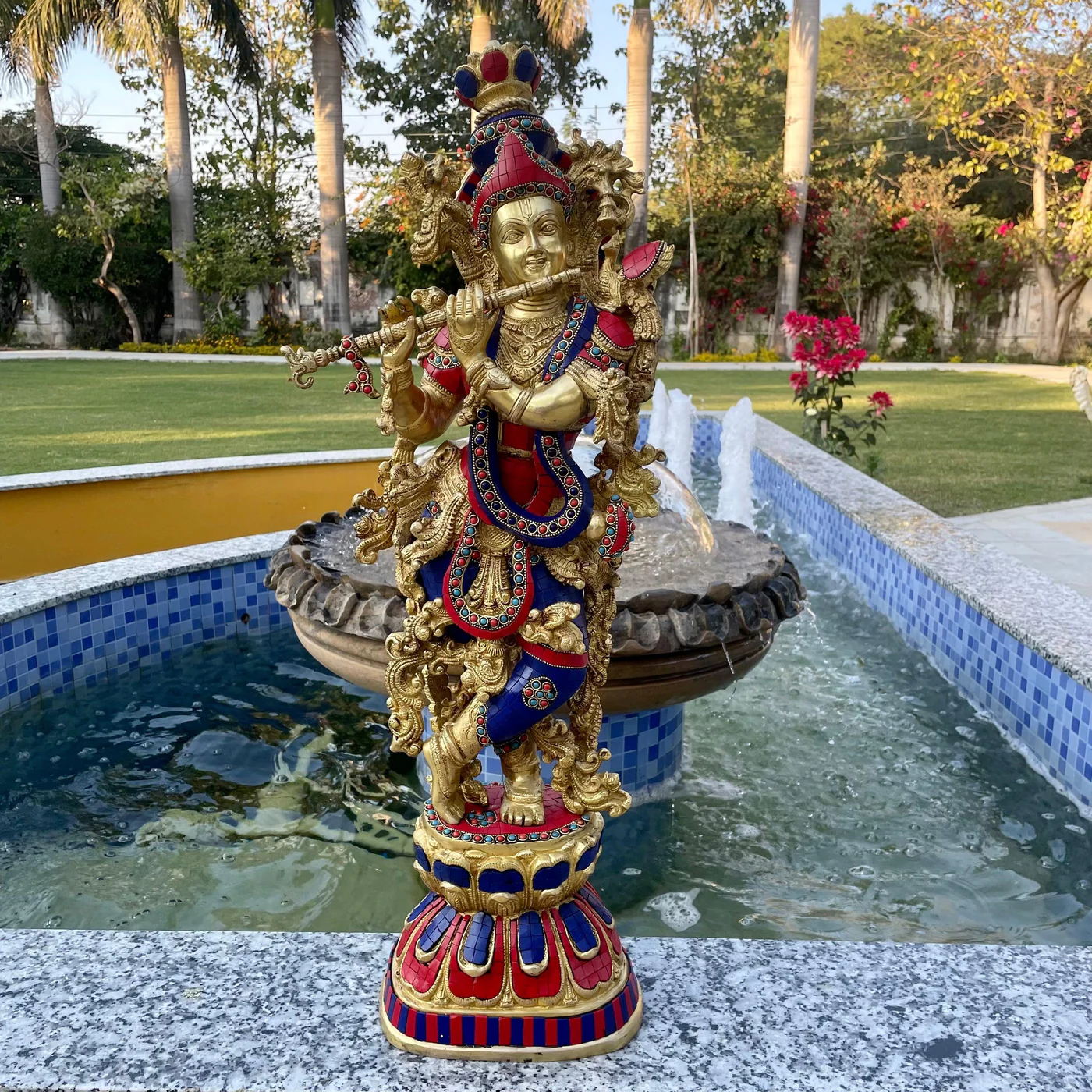 30-Inch Lord Krishna Brass Idol with Stonework – Handcrafted Murti for Home Temple & Decor