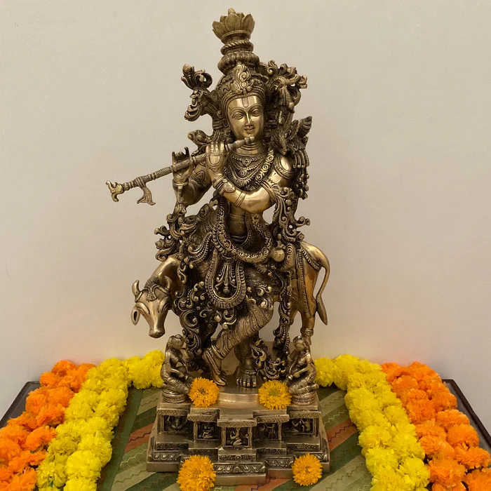 29-Inch Lord Krishna with Cow Brass Idol – Handcrafted Gokul Statue for Pooja & Entrance Decor