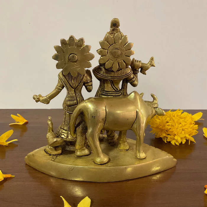5.5-Inch Radha Krishna with Cow Brass Idol – Handcrafted Pooja Murti & Festive Decor