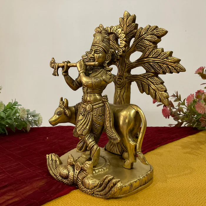 9-Inch Lord Krishna with Cow Brass Idol – Handcrafted Gokul Statue for Home & Temple Decor