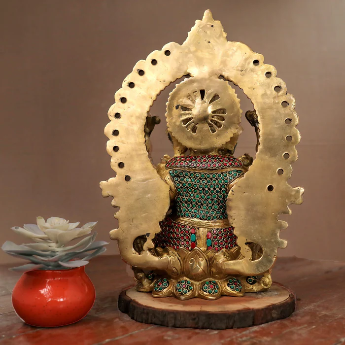 15-Inch Brass Ganesha Idol with Stonework – Handcrafted Ganpati Statue for Home or Housewarming Gift