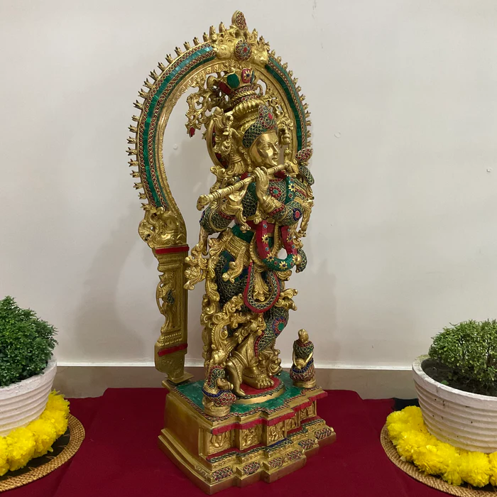 32-Inch Lord Krishna Brass Idol with Stonework – Large Decorative Statue for Temple & Entrance Decor