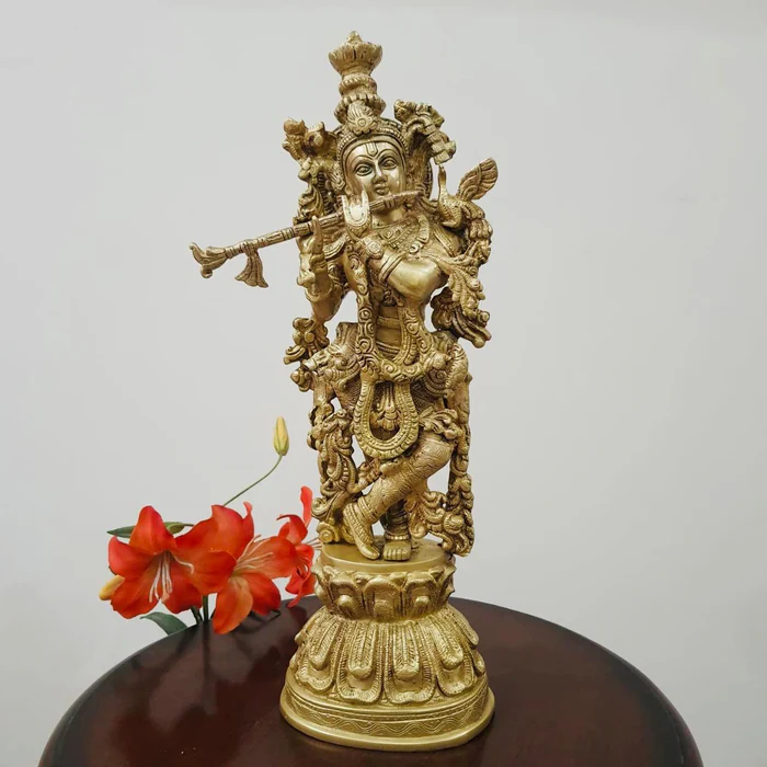 20-Inch Lord Krishna Brass Idol – Handcrafted Decorative Murti for Home & Temple