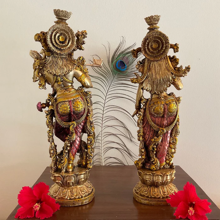 Copper-Finish Radha Krishna Idol in Marble Dust Resin – Handcrafted Decorative Statue for Home & Pooja