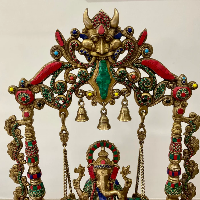 26-Inch Swinging Lord Ganesha Idol in Brass with Stone Inlay