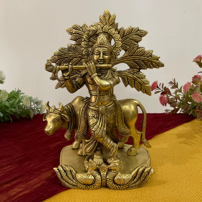 9-Inch Lord Krishna with Cow Brass Idol – Handcrafted Gokul Statue for Home & Temple Decor