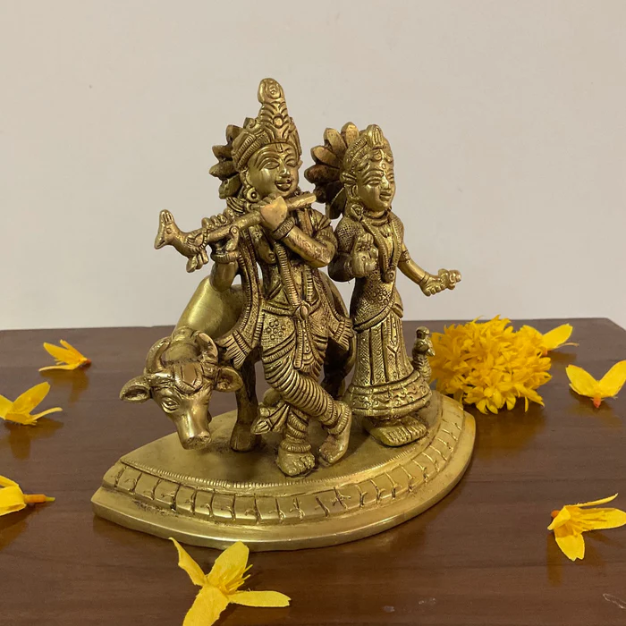 5.5-Inch Radha Krishna with Cow Brass Idol – Handcrafted Pooja Murti & Festive Decor