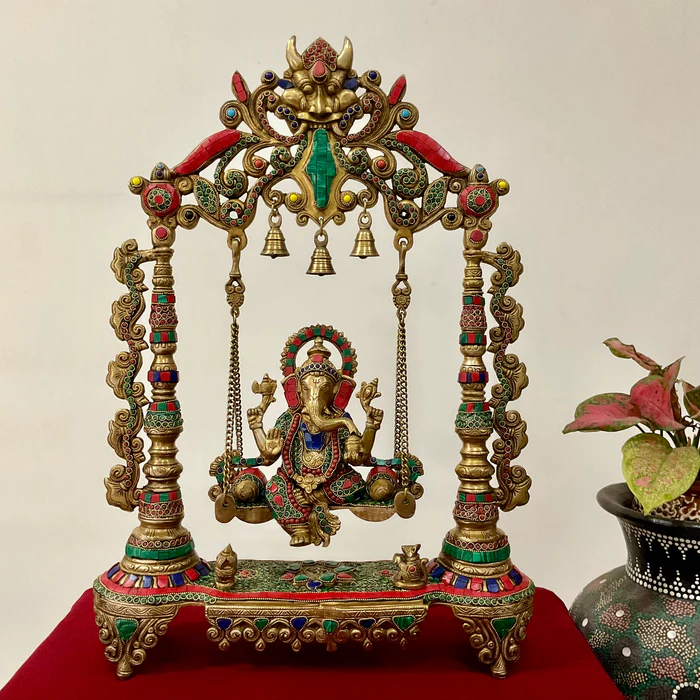 26-Inch Swinging Lord Ganesha Idol in Brass with Stone Inlay