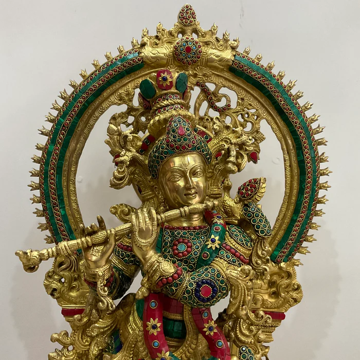 32-Inch Lord Krishna Brass Idol with Stonework – Large Decorative Statue for Temple & Entrance Decor