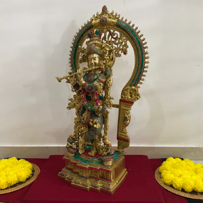 32-Inch Lord Krishna Brass Idol with Stonework – Large Decorative Statue for Temple & Entrance Decor