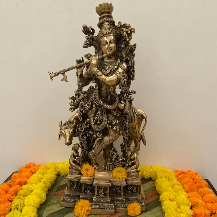 29-Inch Lord Krishna with Cow Brass Idol – Handcrafted Gokul Statue for Pooja & Entrance Decor