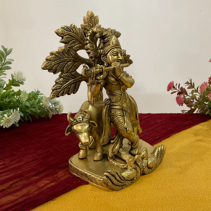 9-Inch Lord Krishna with Cow Brass Idol – Handcrafted Gokul Statue for Home & Temple Decor