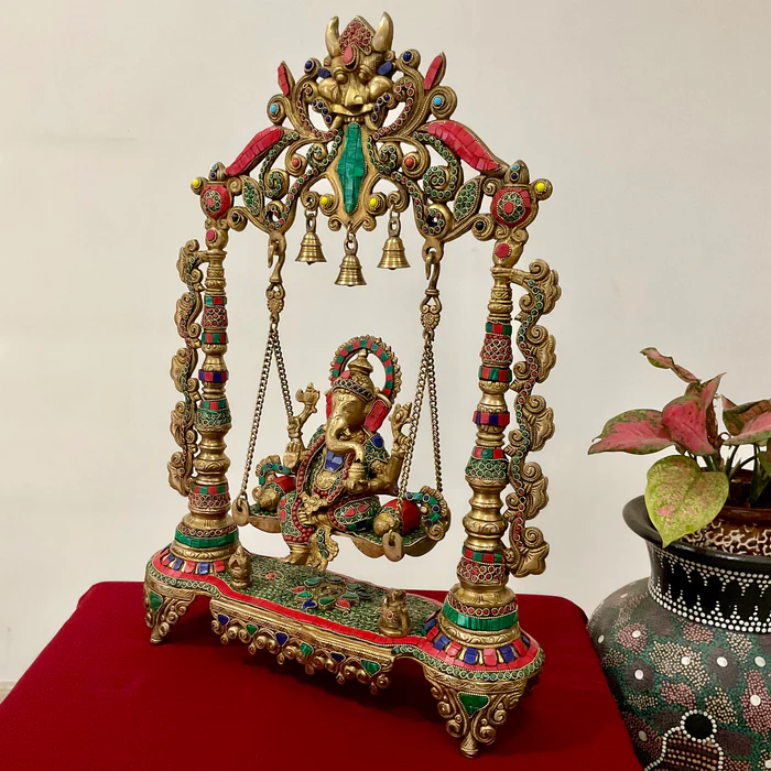 26-Inch Swinging Lord Ganesha Idol in Brass with Stone Inlay