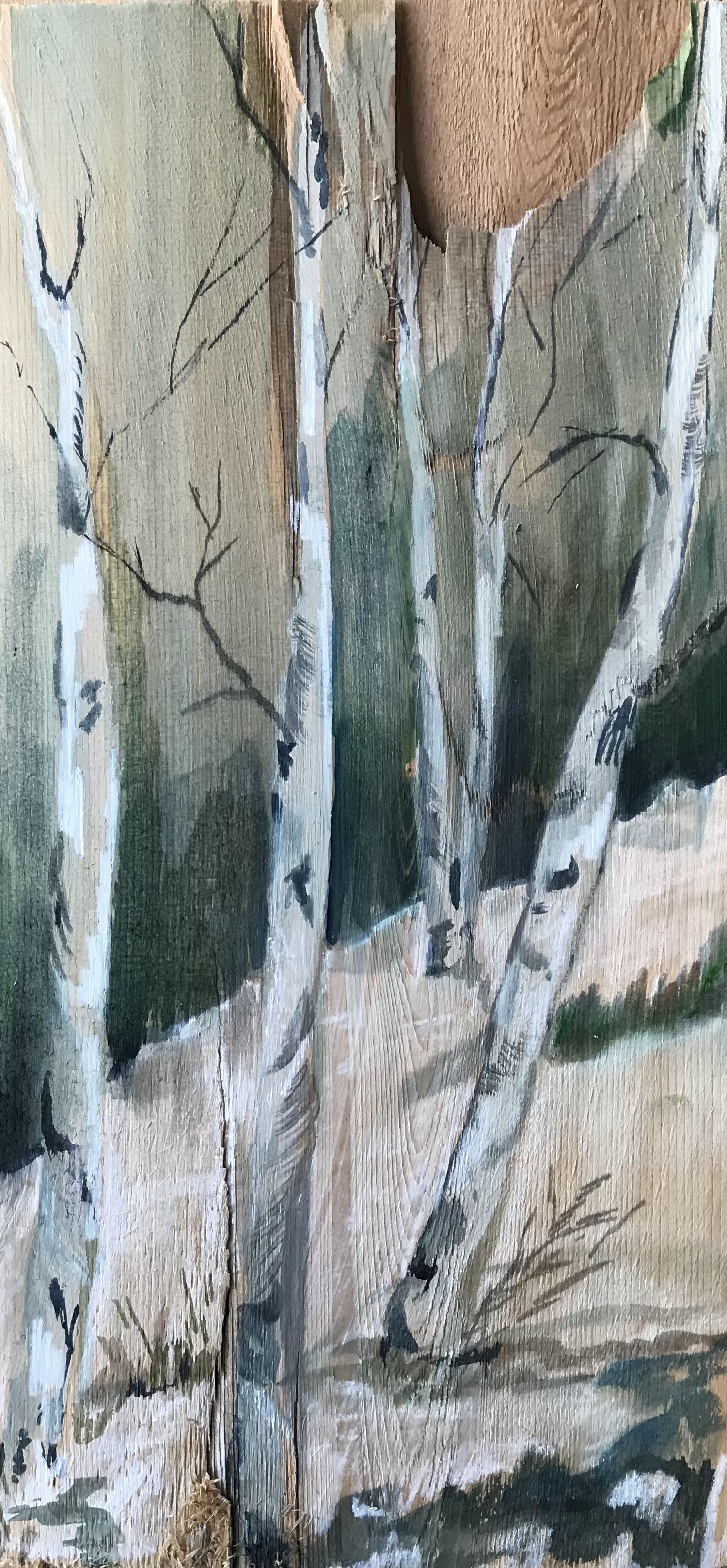 Hand-Painted Birch Tree Landscape on Wood