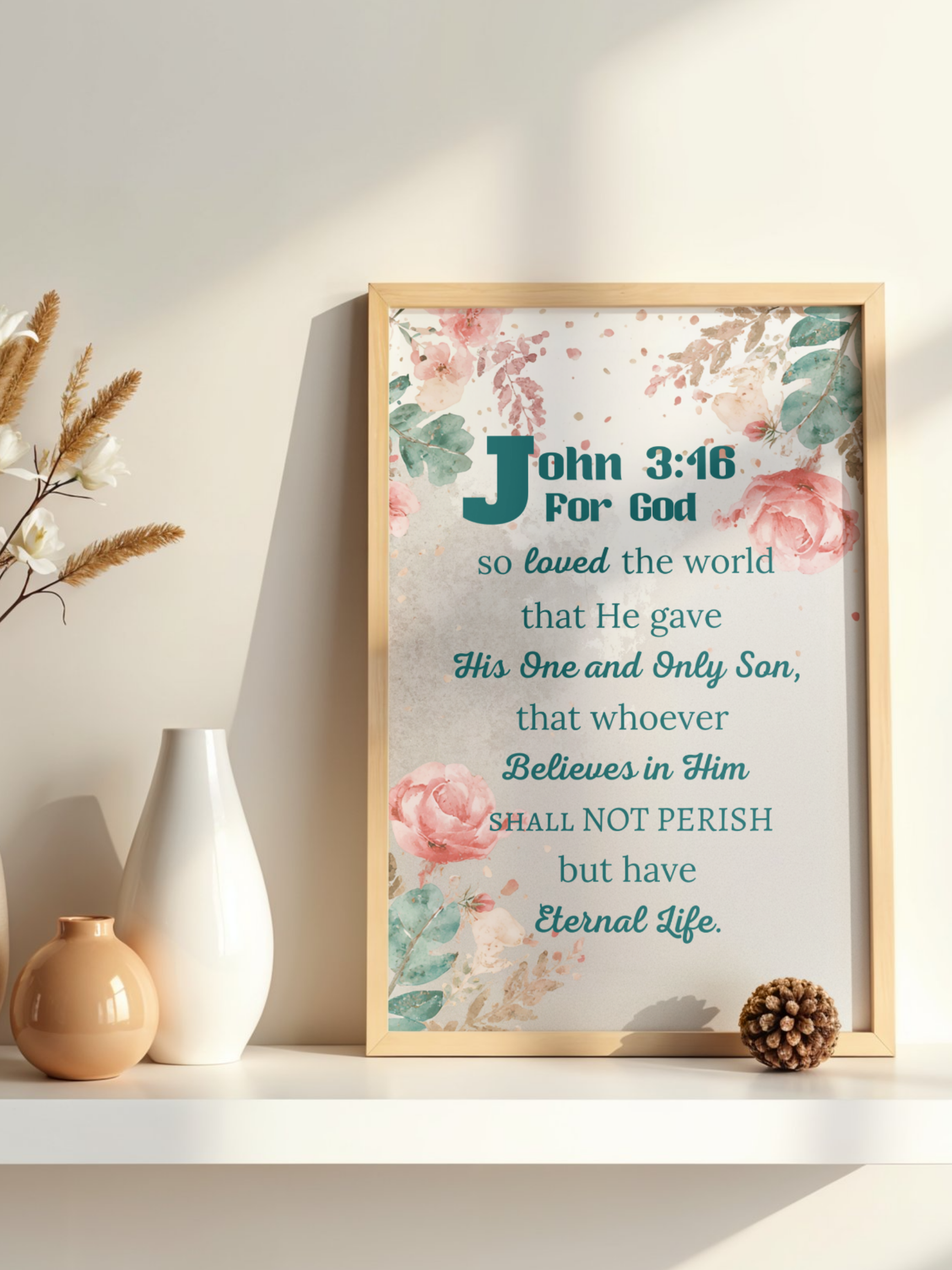 Scripture Wall Art Poster John 3:16 Green Floral 18x24 Digital Download Printable